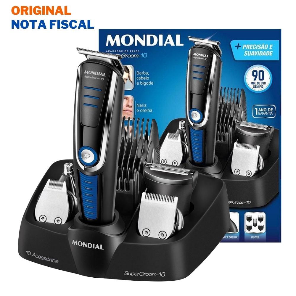 Aparador Mondial Super Groom 10 em 1 BG-03 Bivolt Máquina de Cortar Cabelo Barba Pelos Nariz Orelha
