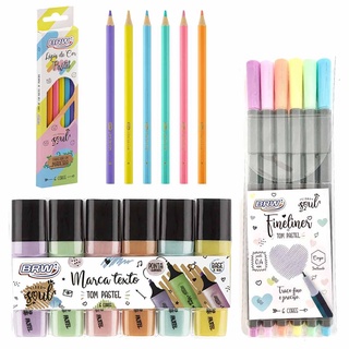 Combo 6 Fine Line + 6 Lapis de Cor + 6 Marca Texto BRW Tom Pastel