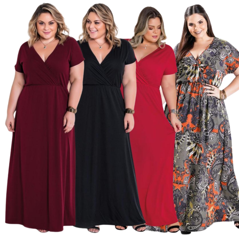 vestido plus size longo floral vermelho