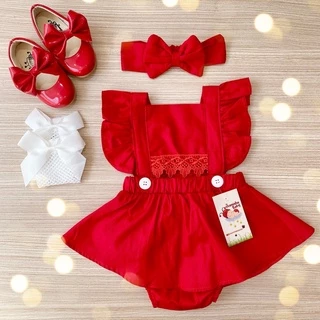 Jardineira Infantil Saia Romper Vermelho Natal Menina Bebê