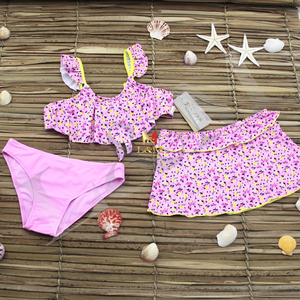 Biquini Infantil Badado Moda Praia Conjunto de Biquini Estampado Flores com  Saia LM-S-21