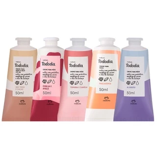 Creme Nutritivo Hidratante para as Mãos ou Pés Tododia Natura - 50ml: Algodão, Tâmara e Canela, Ameixa e Flor de Baunilha, Cereja e Avelã, Macadâmia, Noz Pecã e Cacau, Carambola e Mandarina, Pêssego e Flor de Cravo
