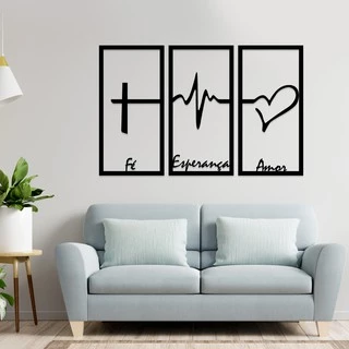 Quadro Vazado Fé Amor Esperança 3 Peças Decoração MDF Preto