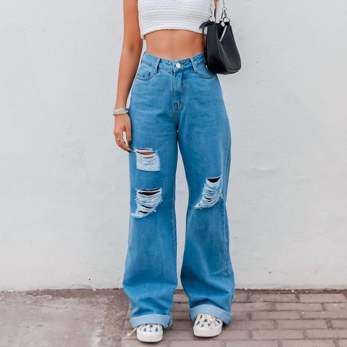 Calça Jeans Wide Leg Off White Destroyed Rasgada - Corre Que Ta Baratinho