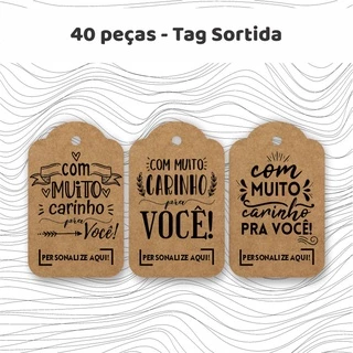 40 peças - Tag Com Carinho - Sortida - Papel Kraft - 6,5x4cm etiqueta