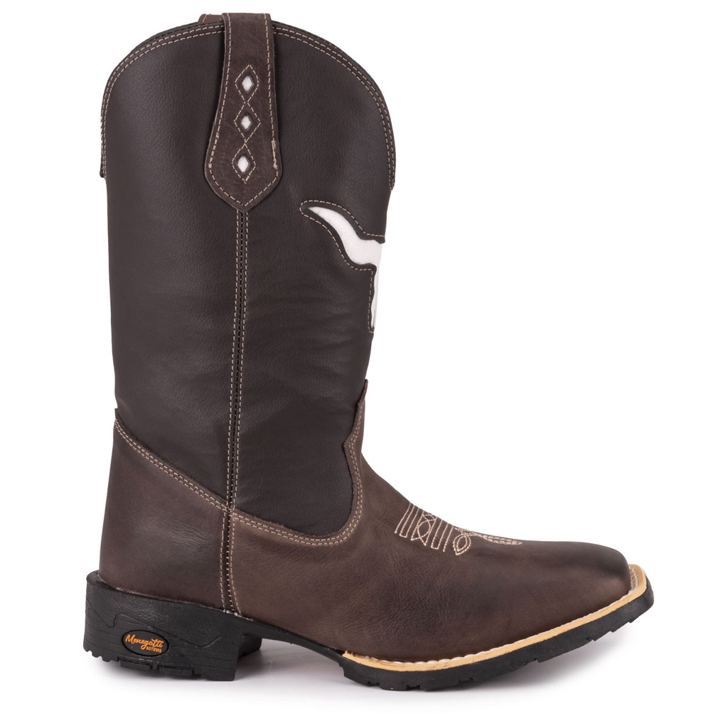 Bota Texana Masculina Country Bico Quadrado Em Couro Solado De Borracha Costurado Touro Vazado