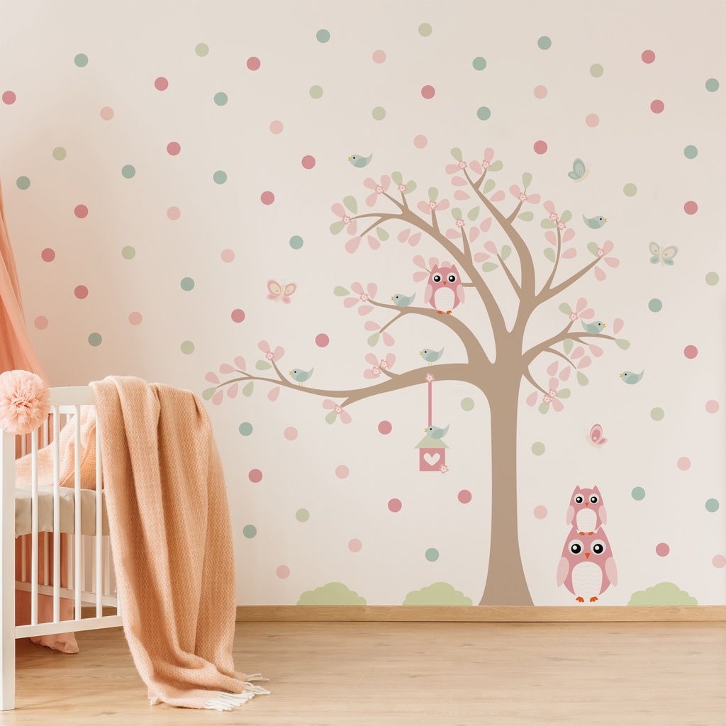 Adesivo De Parede para Quarto Menina Árvore Coruja Bolinhas | Shopee Brasil
