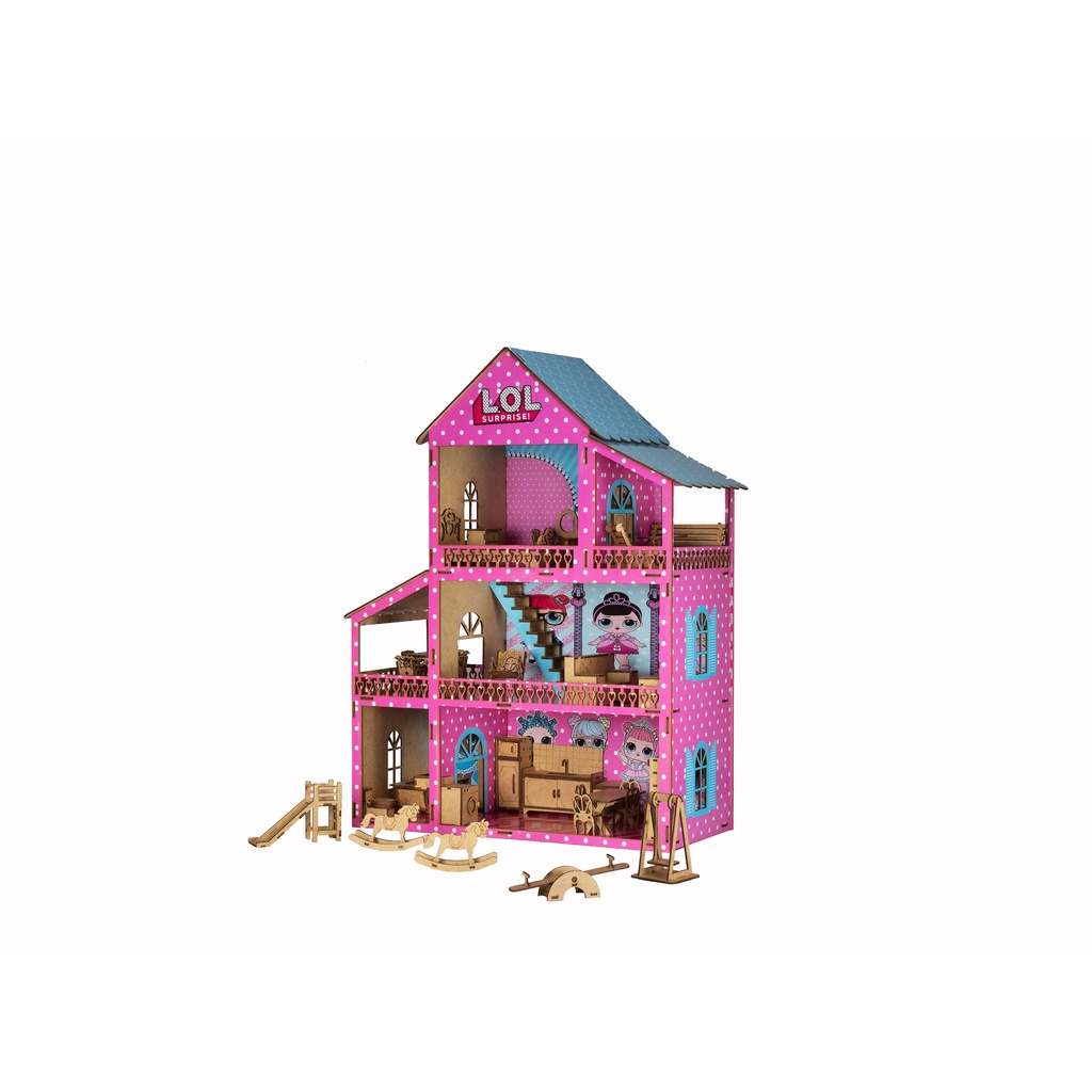 Casinha De Boneca Polly Mdf Pintada Casa C/ Kit 37 Móveis