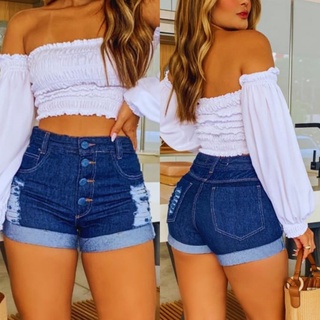 Short Jeans Cós Alto Bermuda Feminina Luxo Cintura Alta Modela Bumbum  Blogueira Promoção Imperdivel!