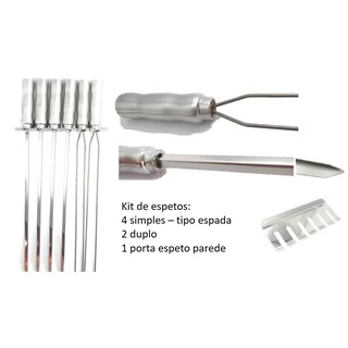 Espetos para churrasco em inox 4 espada e 2 duplos com porta espeto parde (lamina de 34/44/54cm)