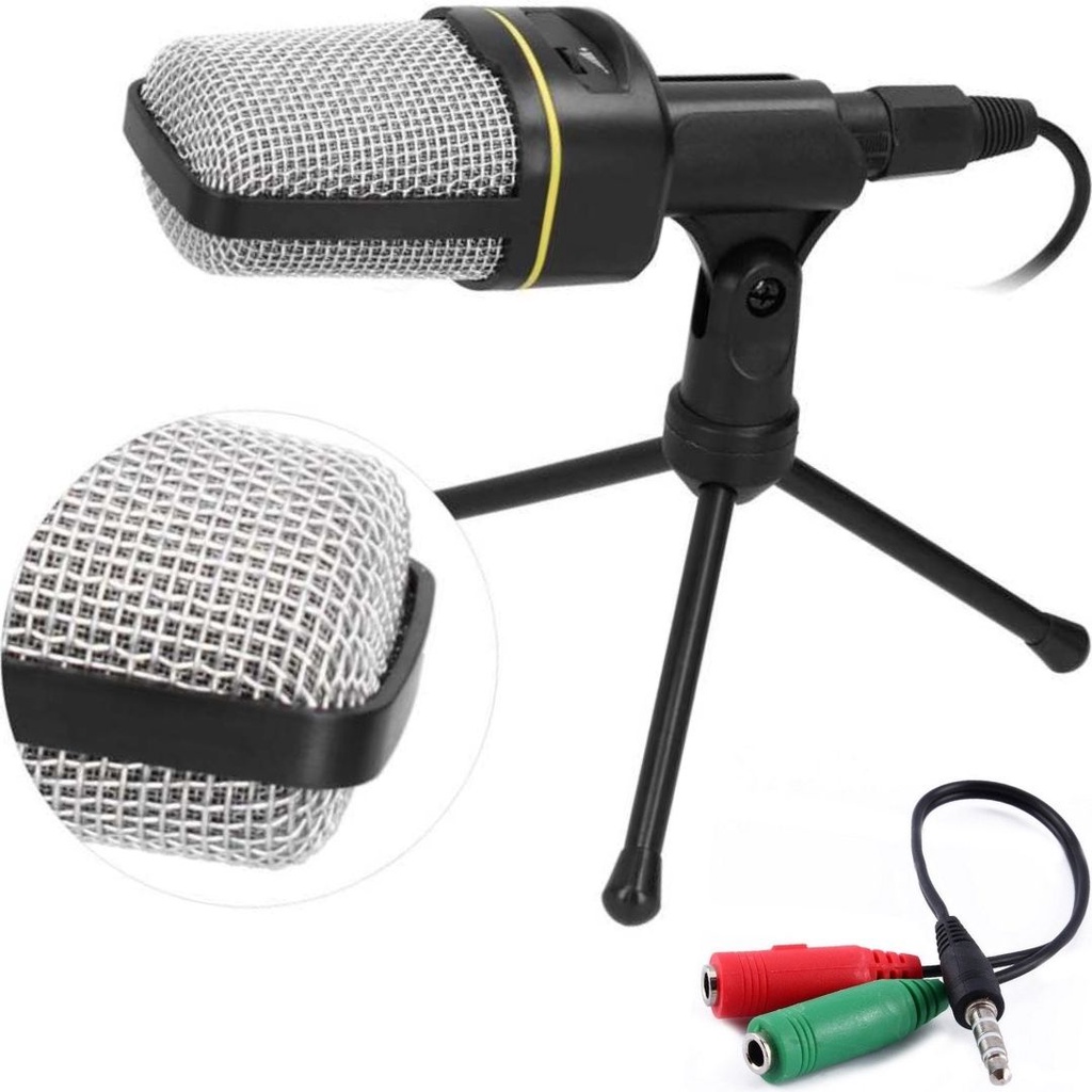 Microfone Condensador Profissional com Tripé + Cabo adaptador P2 P3 Gravação de Áudio Android Iphone PC Notebook