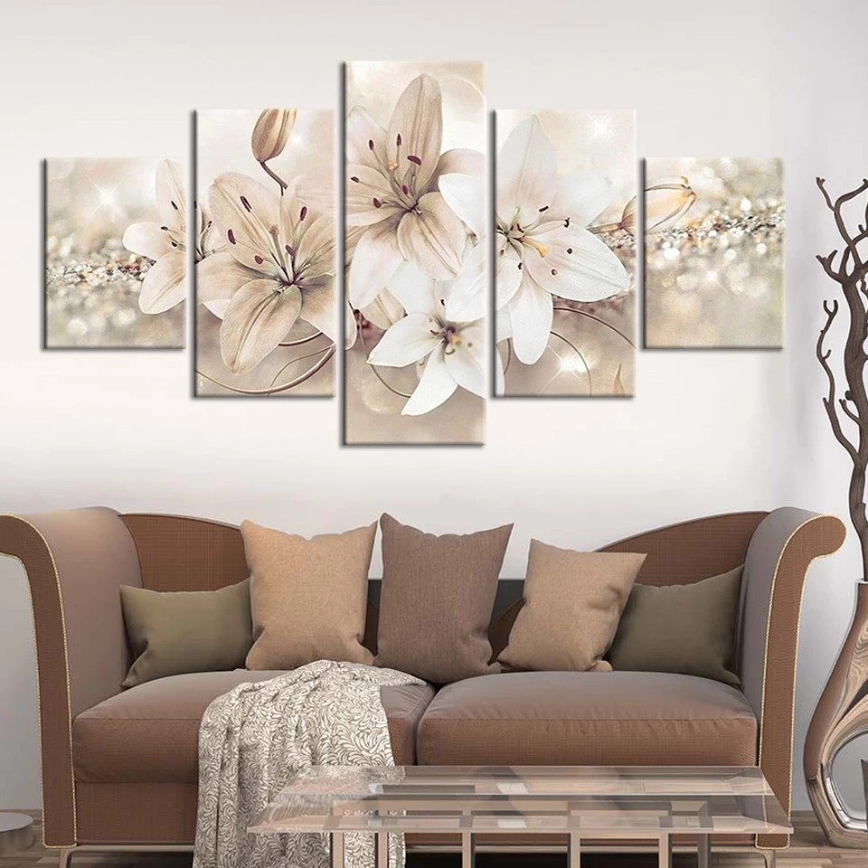 Imagem do produto Quadros Decorativo 5 peças Flores Lírio Decoração Casa Variedades Sala Quarto Lírio Bege
