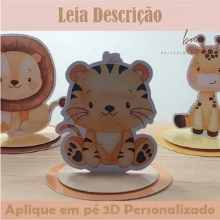 10 Apliques em pé 3D Personalizado Safari - Toppers Recortado Caixinha Acrílica Latinha Enfeites Tags