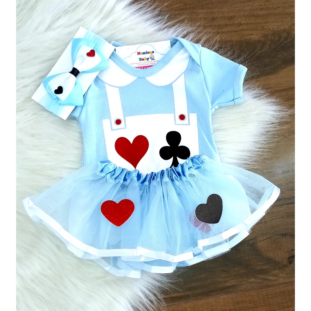 Body Mesversario Bebe Tematico ALICE no pais das Maravilhas com laço fantasia