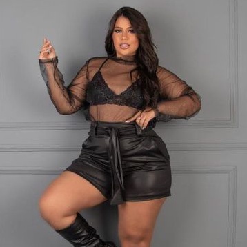 PLUS SIZE Short feminino couro fake cintura alta bermuda tecido