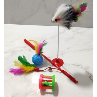 Combo 1 Bolinha c/ Penas e Guizo + 1 Ratinho Fixador c/ Penas + 1 Carrossel c/ Guizo + 1 Varinha Elástica c/ Penas e Guizo - Brinquedos Pet P/ Gatos