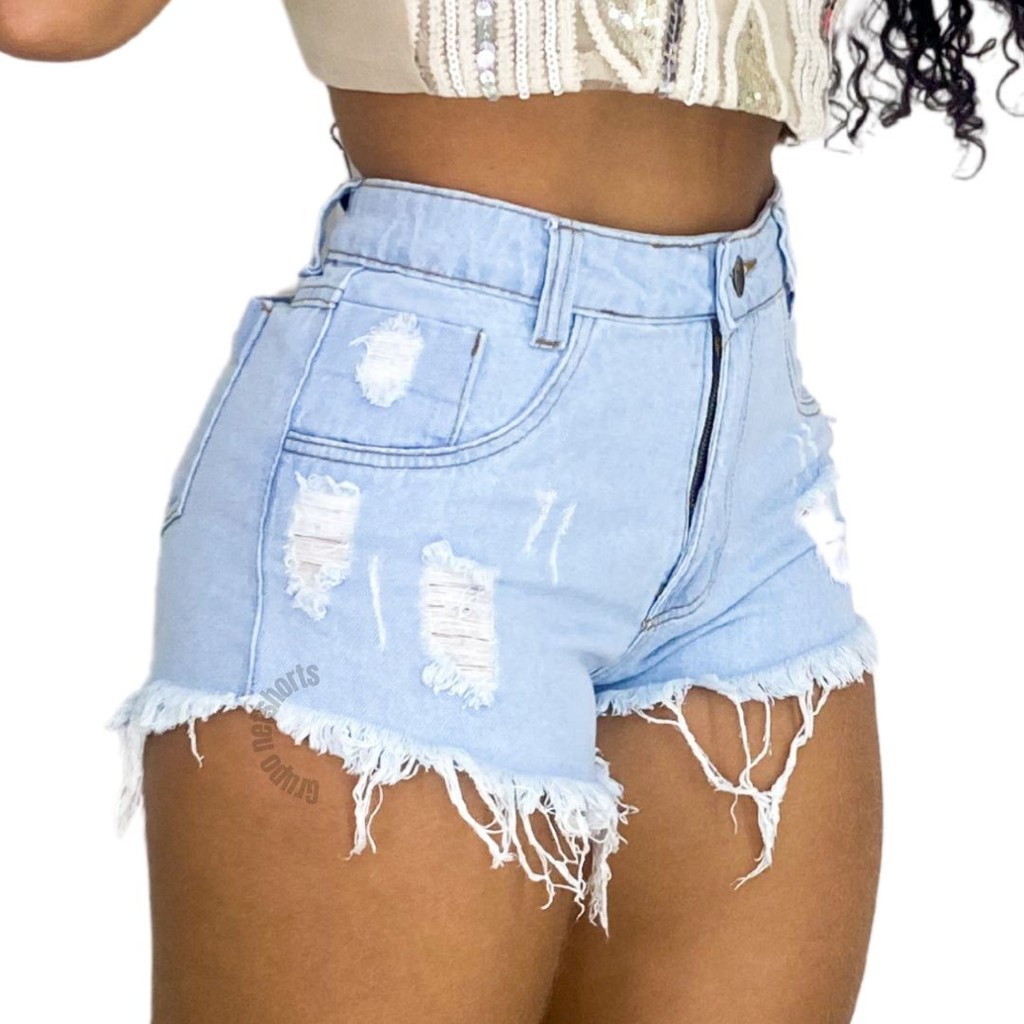 Shorts jeans claro feminino hot pants cintura alta desfiado roupa feminina  moda instagram - R$ 85.00, cor Azul claro #100983, compre agora