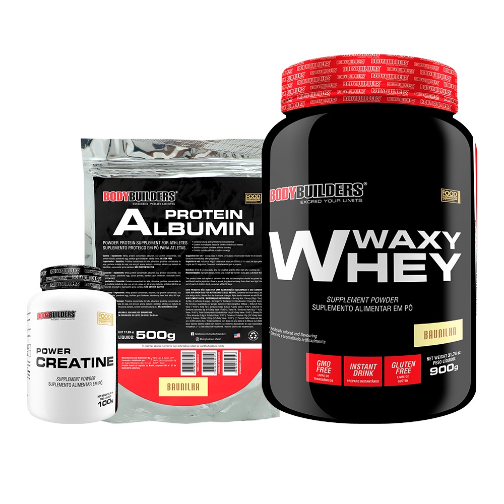 Kit Whey Protein Waxy Whey 900g + Power Creatina 100g + Albumina Albumin Protein 500g – Bodybuilders