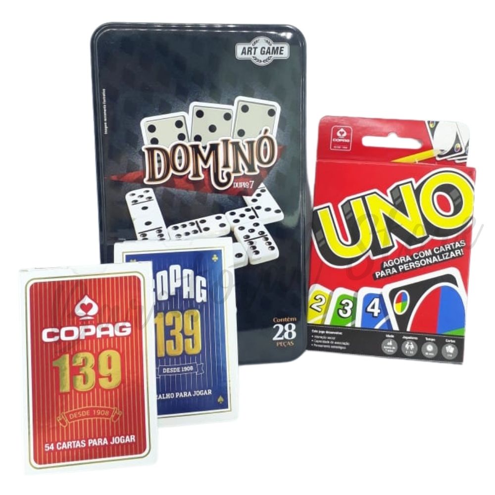 Kit 3 Jogos Família Amigos Viagem Uno 2 Baralhos E Dominó