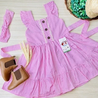 Vestido Infantil Xadrez Rosa Menina Bebe Fazendinha