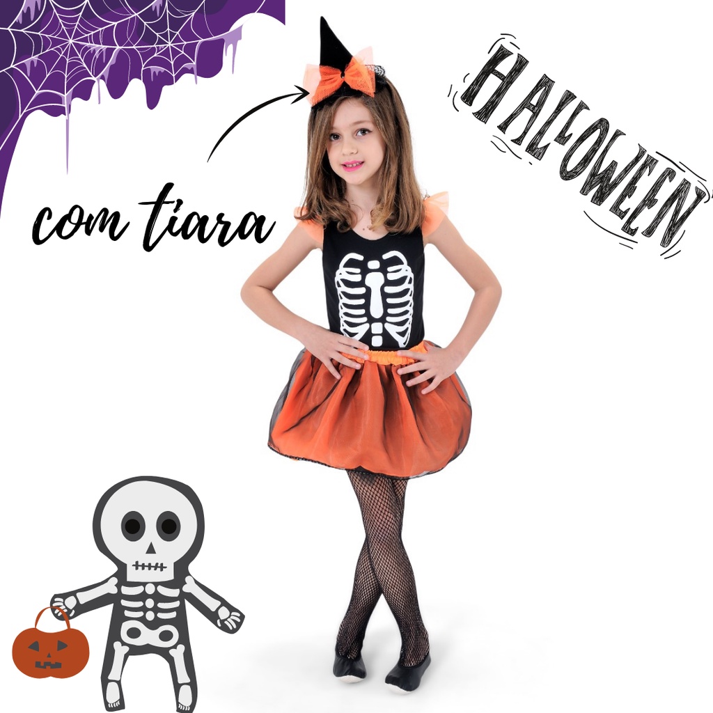 Fantasia Halloween Infantil Caveirinha c/ Máscara Vestido