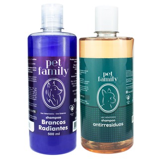Combo Shampoos Banho Pet Antirresíduos + Branqueador Pra Cães E Gatos 500 ml Profissional Clareador Matizador Natural Ultra Limpeza Para Cachorros Gato Adulto Filhotes Pelos Claros Brancos Pelagem Curta Comprida Clara Pet Family Clean Banho E Tosa Atacado