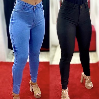 Kit 2 Calças Jeans Feminina Premium Preta e Clara Modela Levanta Bumbum Cós Cintura Alta Skinny com Elastano Lycra
