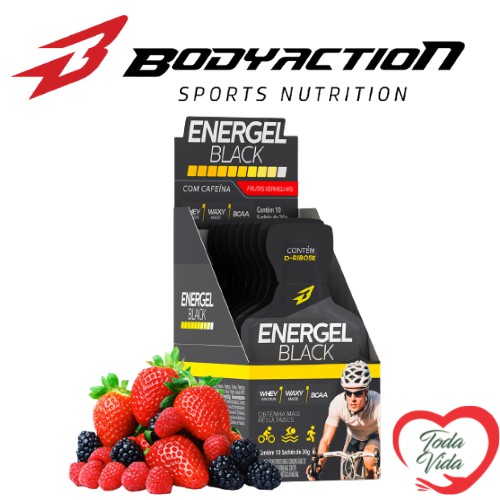 Gel Energel Black 10 Saches Body action Carb Up Sabor Frutas Vermelhas – Bcaa Waxy Maize Whey protein – NOVA EMBALAGEM