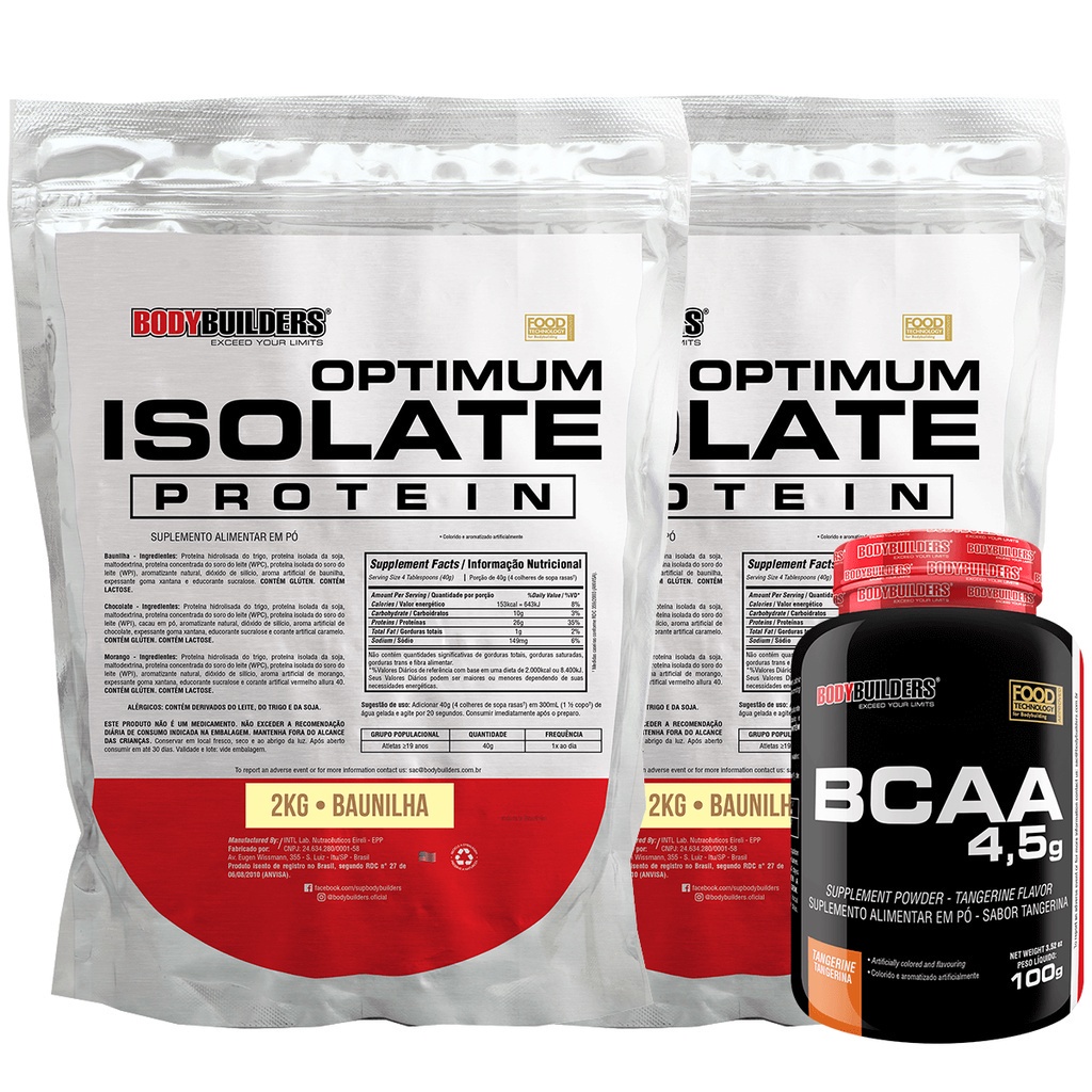 Kit 2x Whey Optimum Isolate Protein 2kg +  BCAA 4,5 100g – Suplementos Ideais para sua Rotina de Musculação na Academia – Bodybuilders