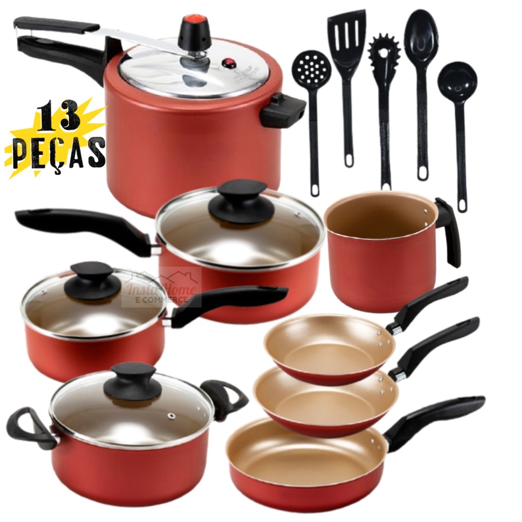 Kit Jogo de Panelas 13 Peças Completo Antiaderente Teflon Com Panela de  Pressão 4,5L