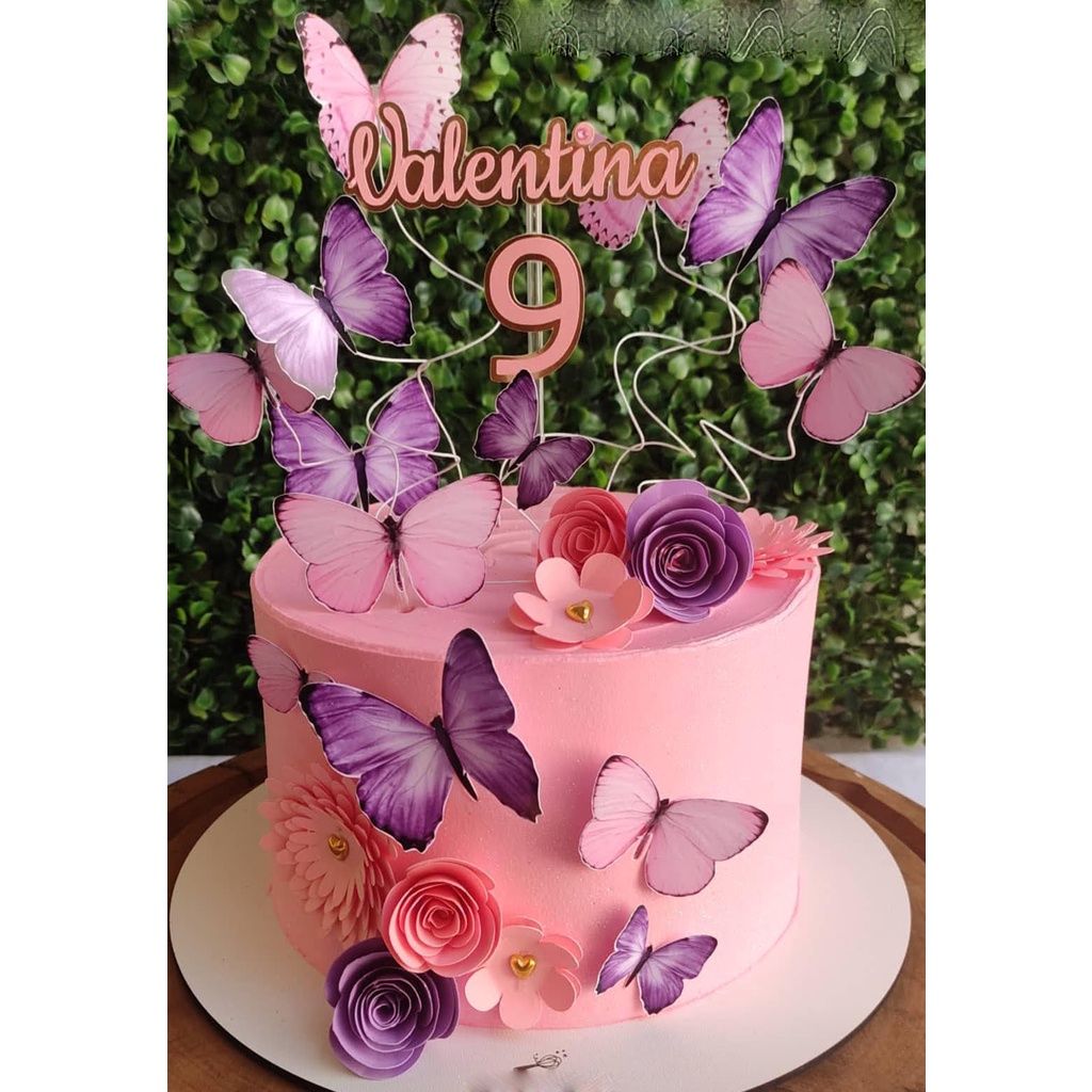 TOPO DE BOLO FLORAL TOPPER PERSONALIZADO FLORES TRINTOU ANIVERSARIO MULHER  BORBOLETAS FLORES DE PAPEL