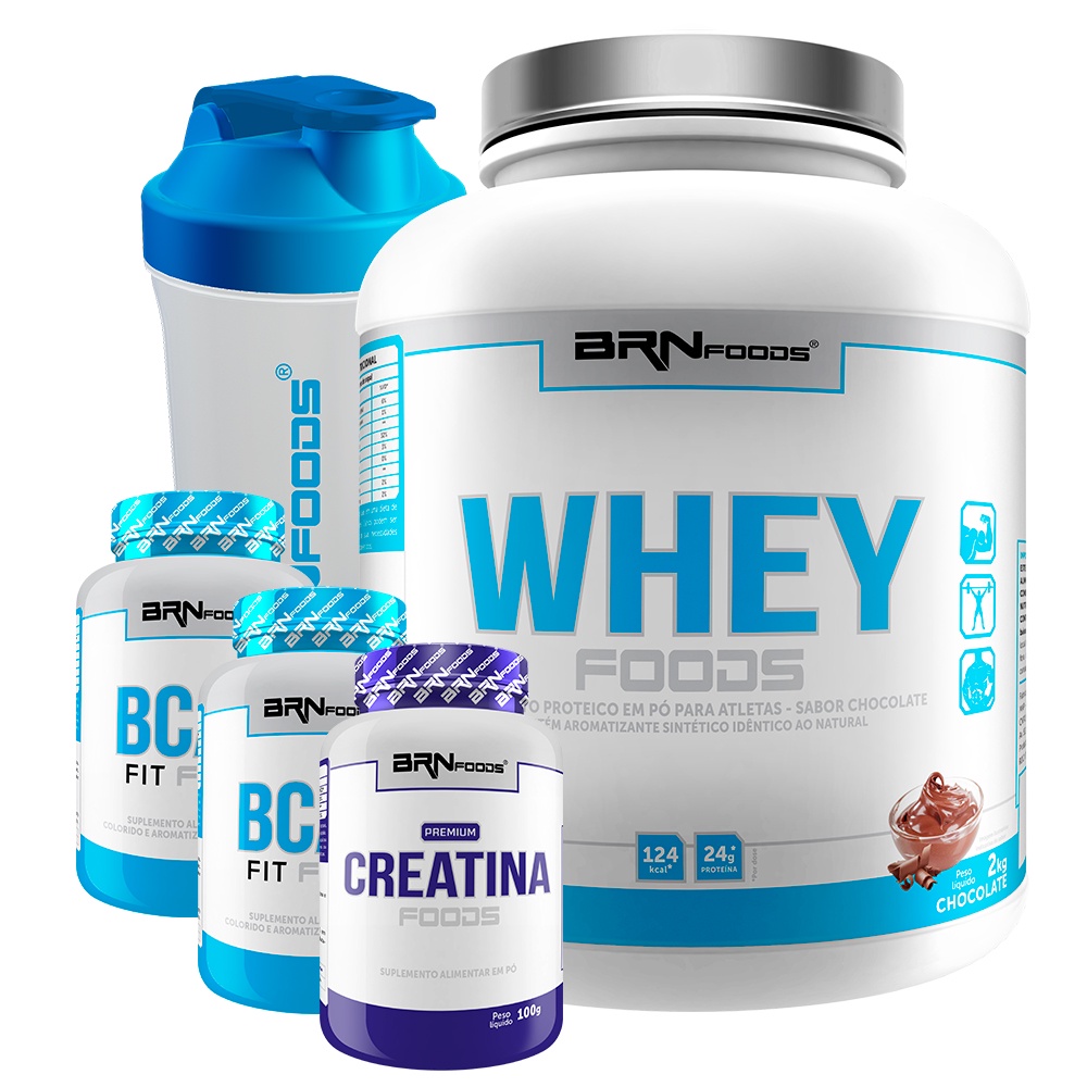 Kit Whey Foods 2kg + 2x BCAA Fit Foods 100 gr + Creatine Foods 100% 100g + Coqueteleira – BRNFOODS