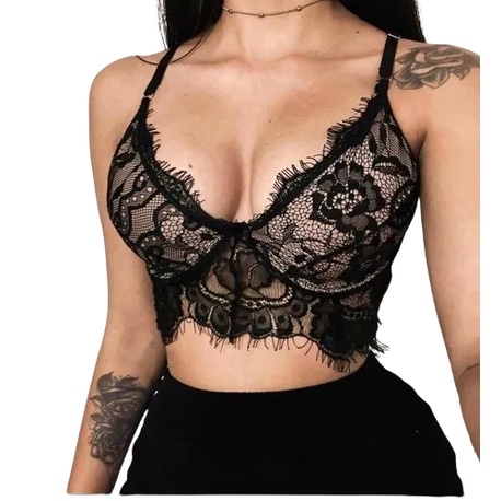 Cropped sutian Gringa Aro Sem Bojo Preto Renda | Shopee Brasil