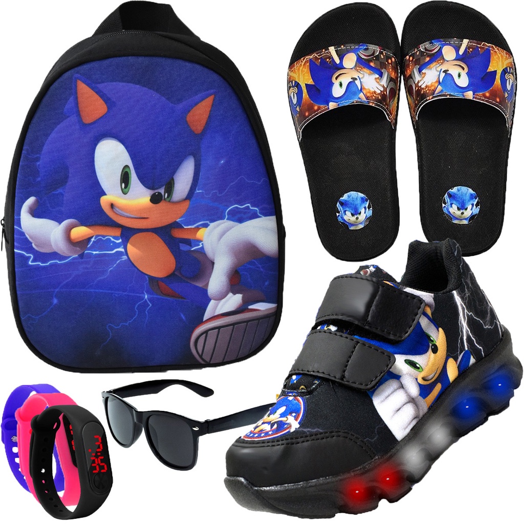 Tênis Infantil Masculino Slip On Personagem Sonic Carros Preto Básico +  Chinelo