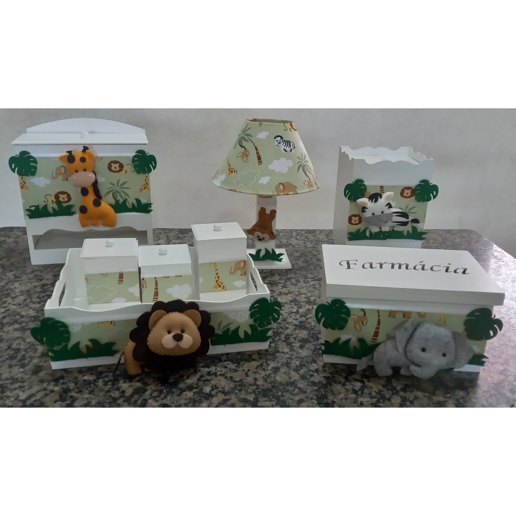 Kit higiene bebe mdf decorado 8pçs - safari verde em Promoção na Americanas
