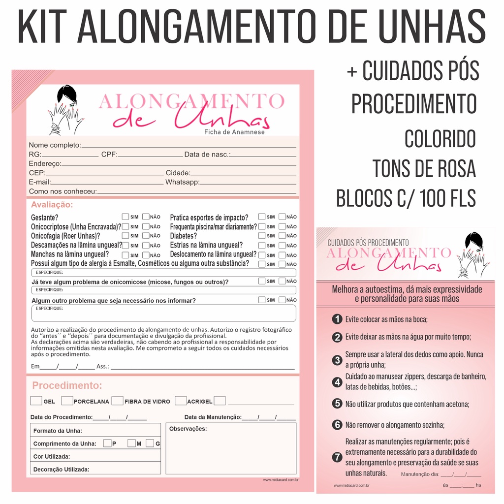 Ficha Anamnese Alongamento De Unhas + Cuidados Blocos 100fls