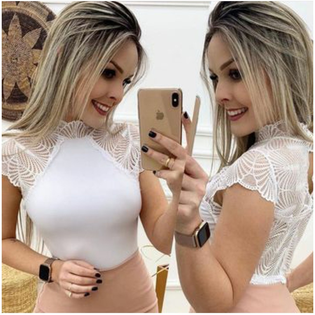 Blusa Body Feminino De Ziper Manga Curta Com Gola/golinha preto decotado  dia a dia Tamanho:Unico;Cor:Branco