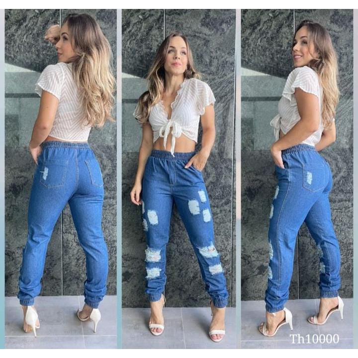 Calça Jeans Feminina Rascada Jogger Cintura Alta Elástico na Perna