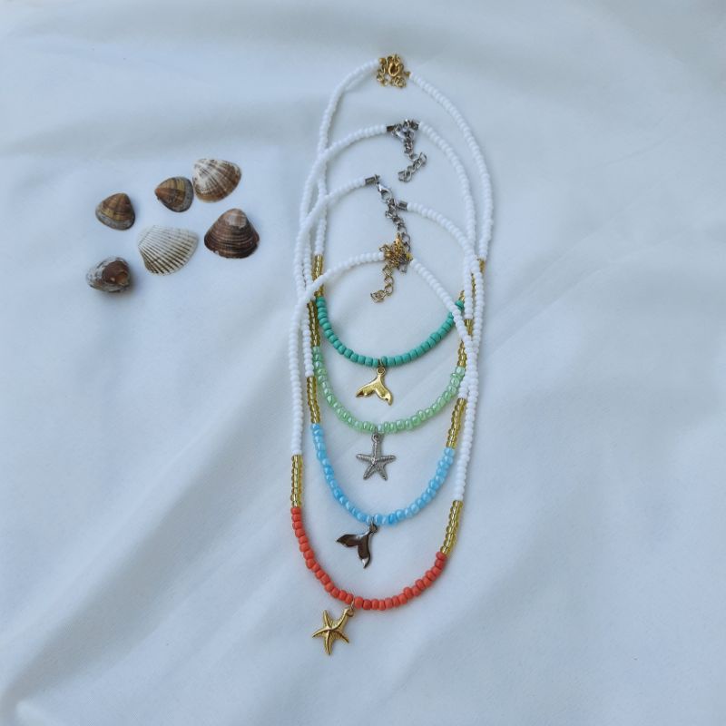 Choker colar Praiano de Miçangas Coloridas com pingente de Estrela/Rabo de  Sereia dourado e prata