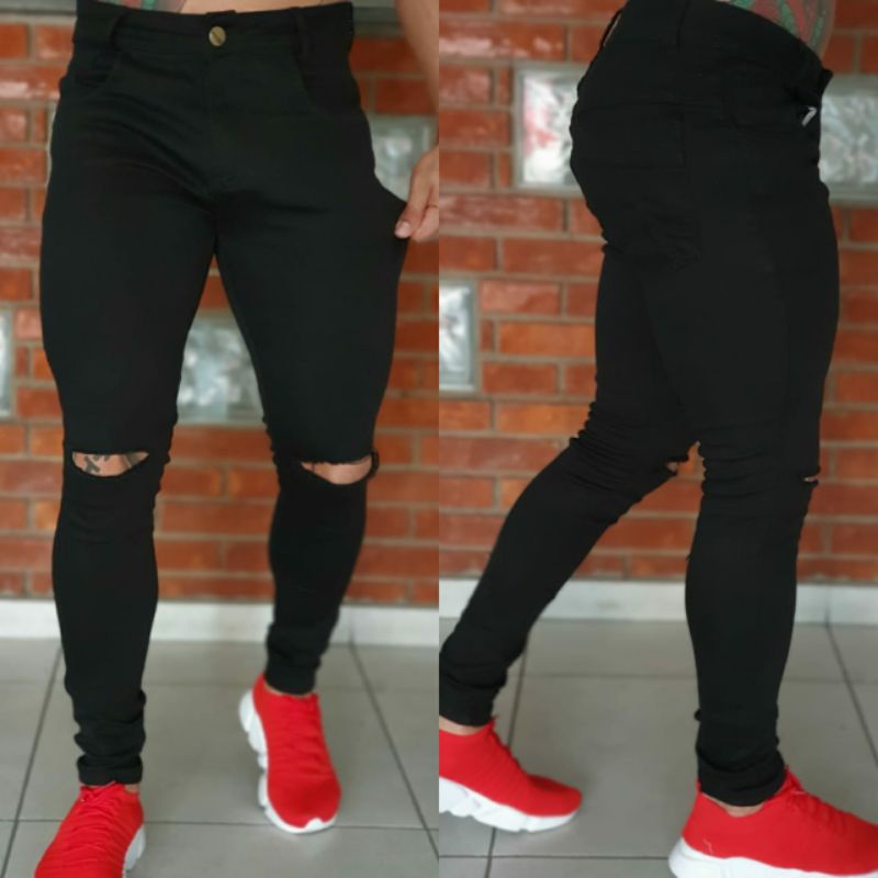 Calça Jeans Com Elastano Skinny Preta Masculina Corte Joelho