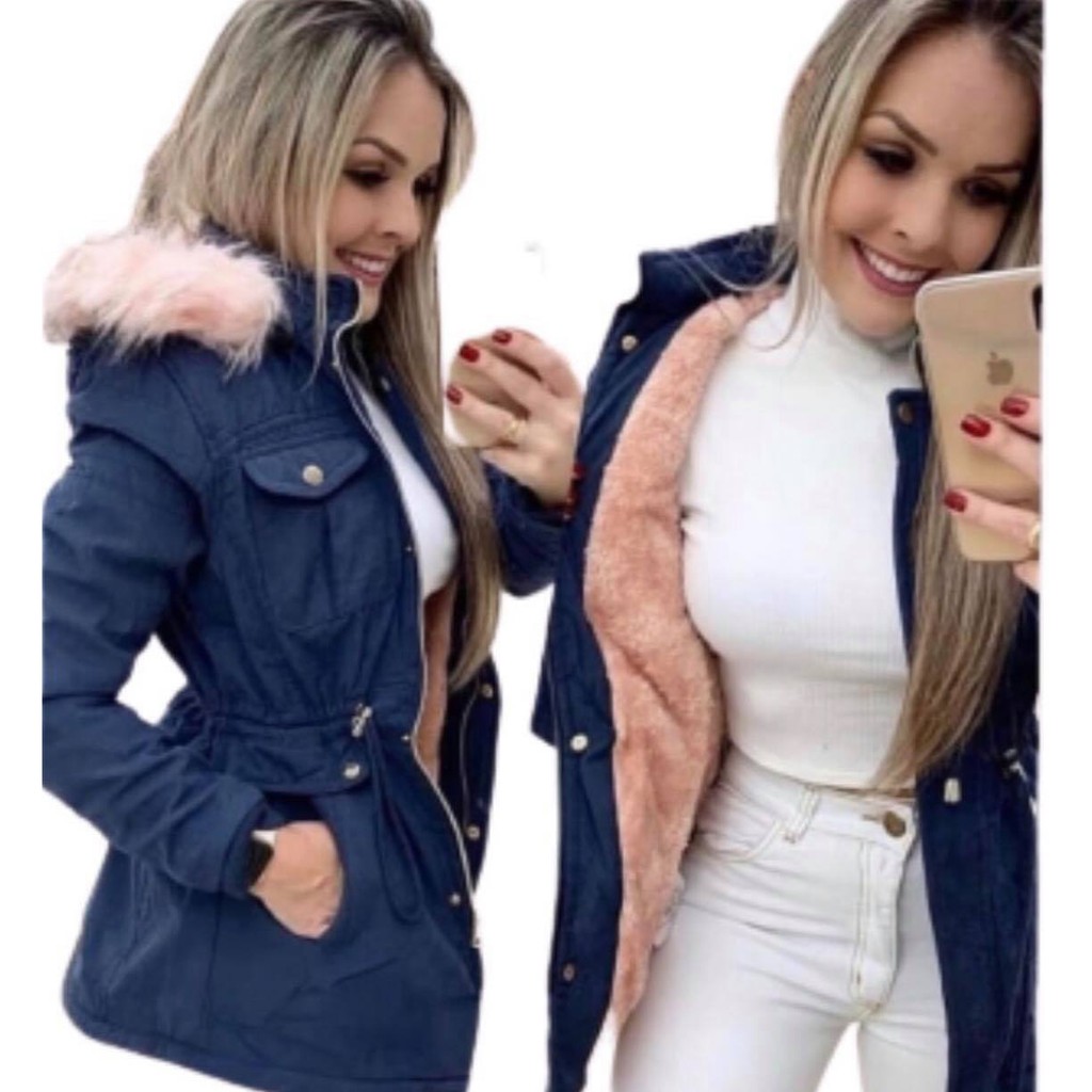 JAQUETA PARKA FEMININA NYLON SARJA DUPLA FACE OU PELUCIA