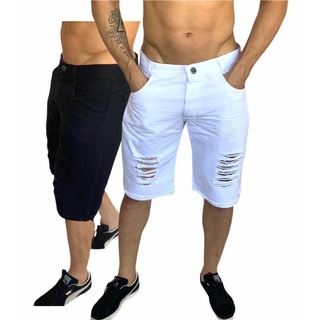 Kit 2 Bermudas Preta/branca Jeans Rasgada Desfiada Lançamento 2020