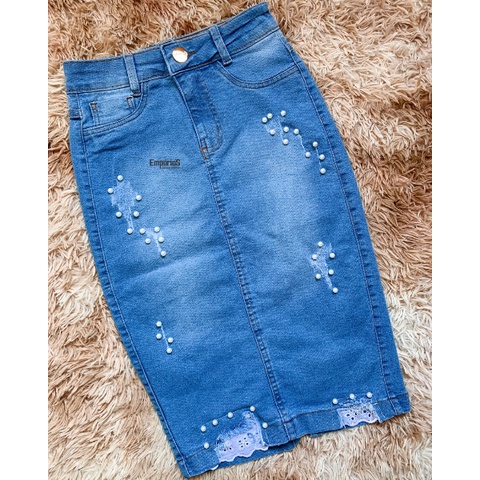 Saia jeans hot sale com renda