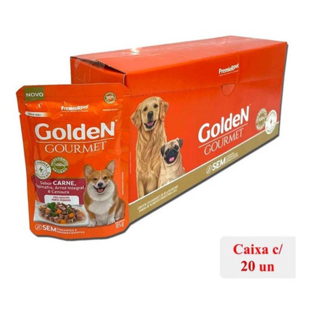 Caixa 20 Sachê Golden Gourmet Cães Adultos Porte Pequeno Carne