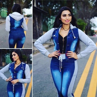 Conjunto Jeans Femenino Calça Jeans + Jaqueta Jeans Com Moletom e capuz conjunto de frio