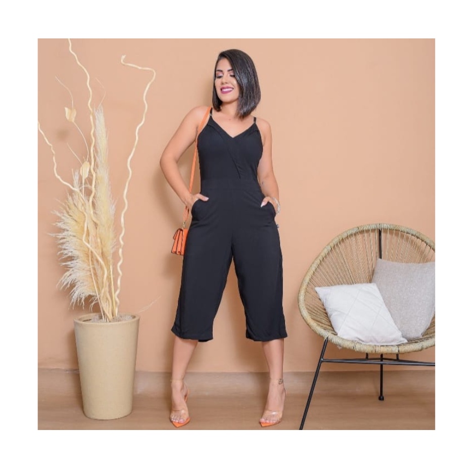 Macacão Feminino Pantacourt Alça com bojo Viscose Decote Moda Feminina