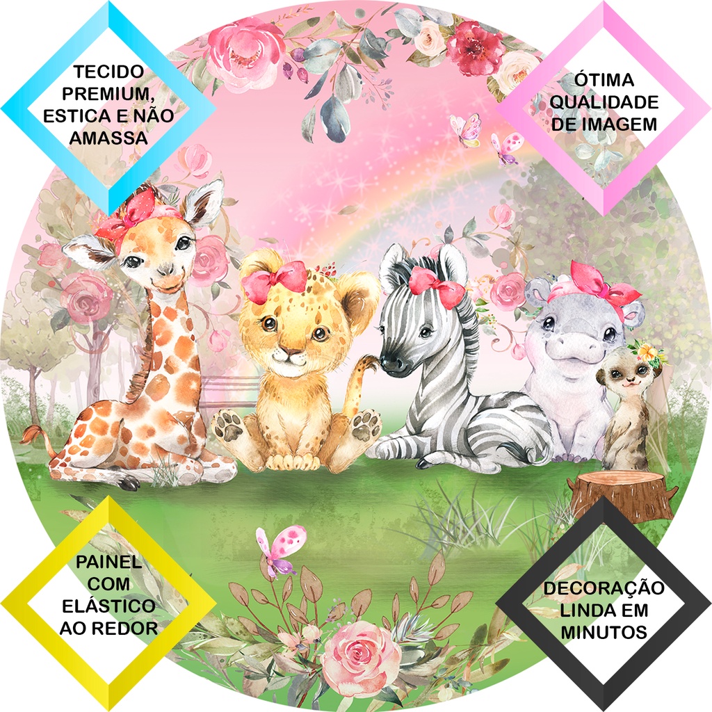 Painel Bosque Animais Cute Bichos Redondo Estampado em Tecido Malha