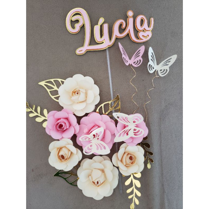 Topper de bolo com flores e borboletas | Shopee Brasil