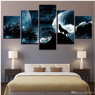 Quadro Decorativos 5 peças Sala, Quarto, Escritório Cozinha Decoração MDF Mosaico Lua Estrela Lobo