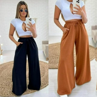 Calça Feminina Pantalona Wide Leg Lanzinha Lã Cintura Alta Moda Inverno Frio Moda Blogueira Gringa Moletinho com Bolso Varias Cores